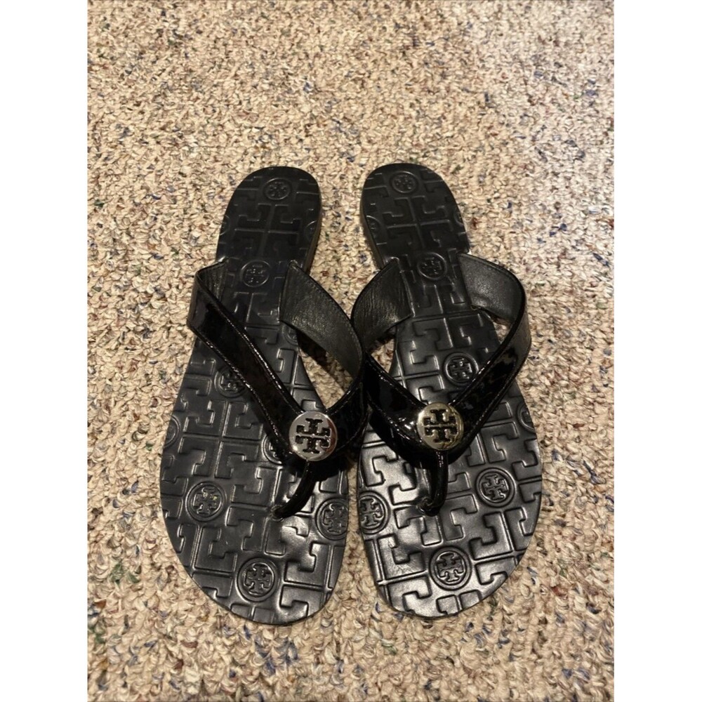 Tory Burch Black Patent Leather Thong Sandal Flip Flop Logo Size : 7M